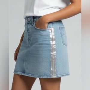 Levis Icon Denim Skirt Women 27 Mini Mid Rise Metallic Silver Stripes Button Fly